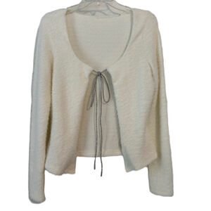 Women's White Fuzzy Cardigan Size M Silver Rhinestone Sparkle Bow Tie